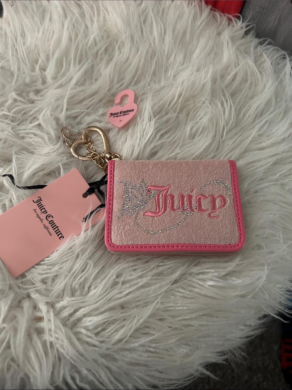 Juicy Couture Pink Glitter Logo Mini Wallet with Heart Keychain